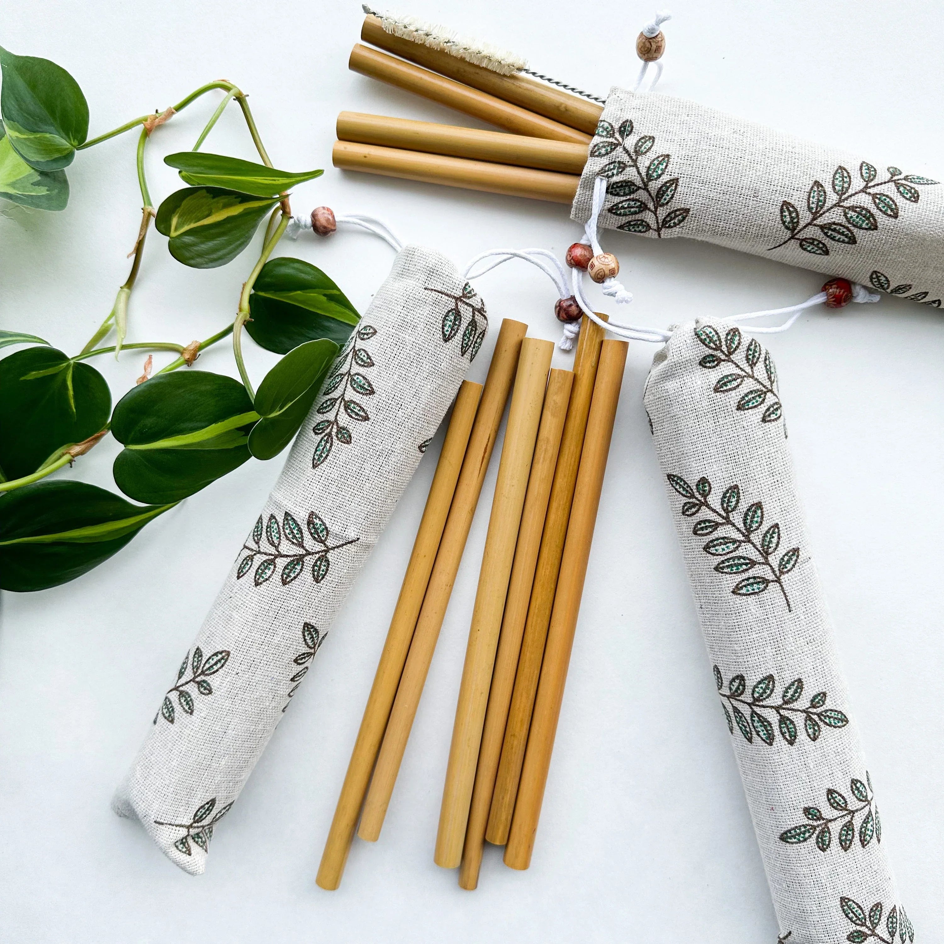 10 Reusable Natural Bamboo Drinking Straw - Zero Waste Biodegradable Straws - Eco Friendly Hemp Cleaning Brush & Sustainable Cotton Bag